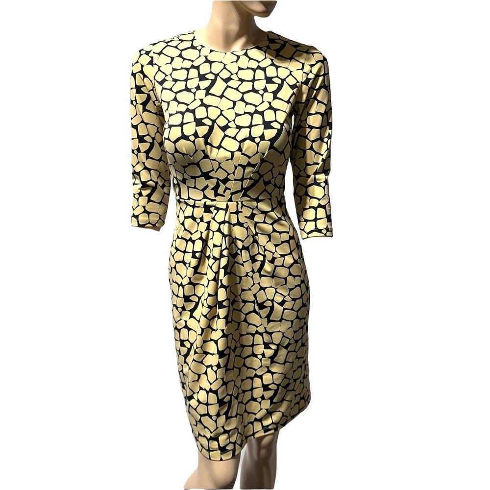 J McLAUGHLIN Dress Yellow Print 3/4 Sleeve Pleated Front Catalina Cloth Size XS